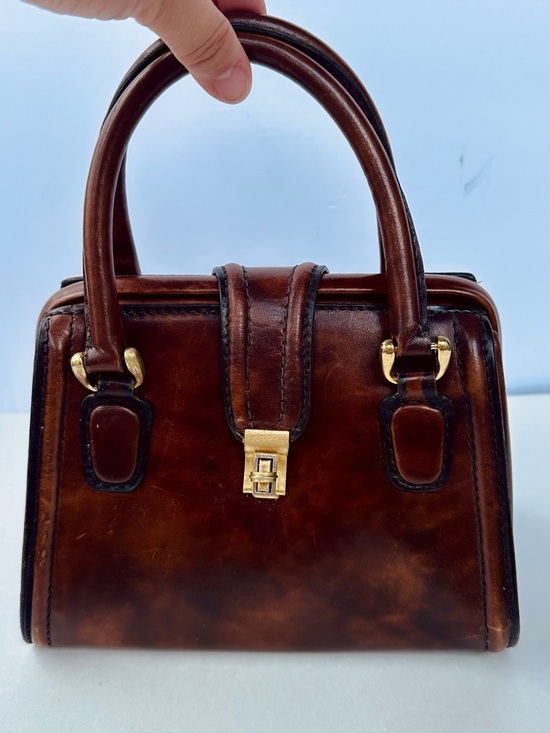 Handbags - Vintage Leather Small Structured Marbled Brown Leather Handbag w Gold Clasps